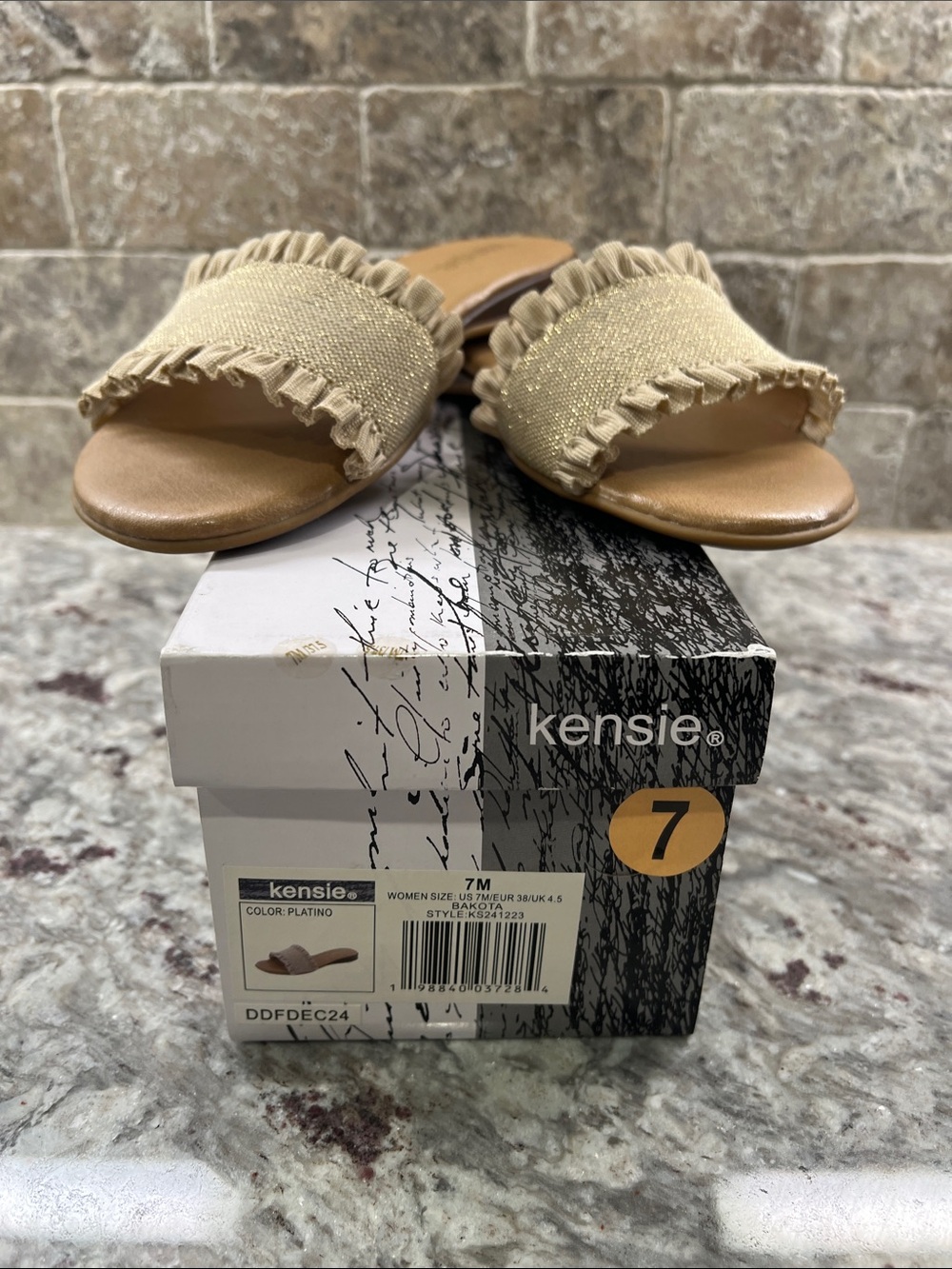 Kensie Ruffled Slide Sandals in Platinum and Tan